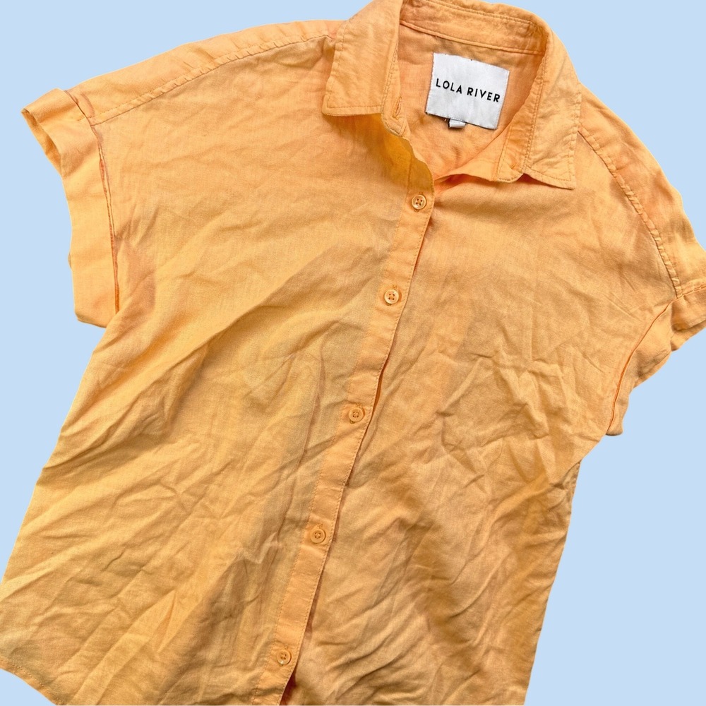 Lola River Button Down Women XS Orange Linen Blend Short Sleeve Summer Casual